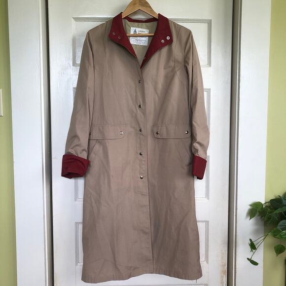 Vintage London Fog Maincoats Trench Coat Womens 12 Reg Shell Khaki Maroon 80s - Picture 1 of 14